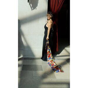 Vintage Metallic Colorful Genius Squares Long Scarf  Accessory